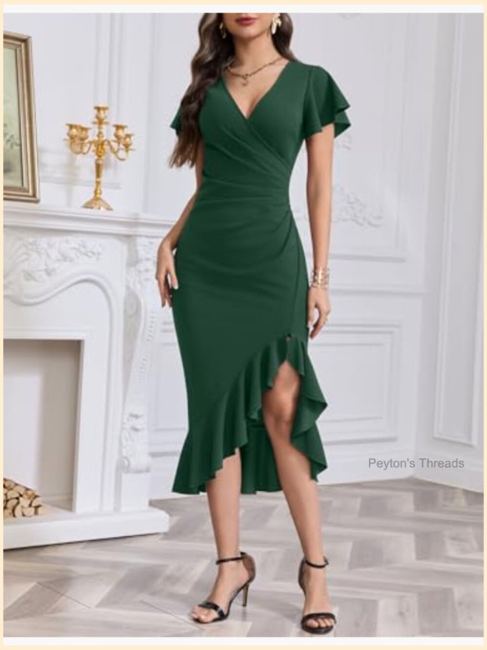 Faux Wrap Ruched Bodycon Midi Dress with Ruffle Hem - Picture 3 of 7